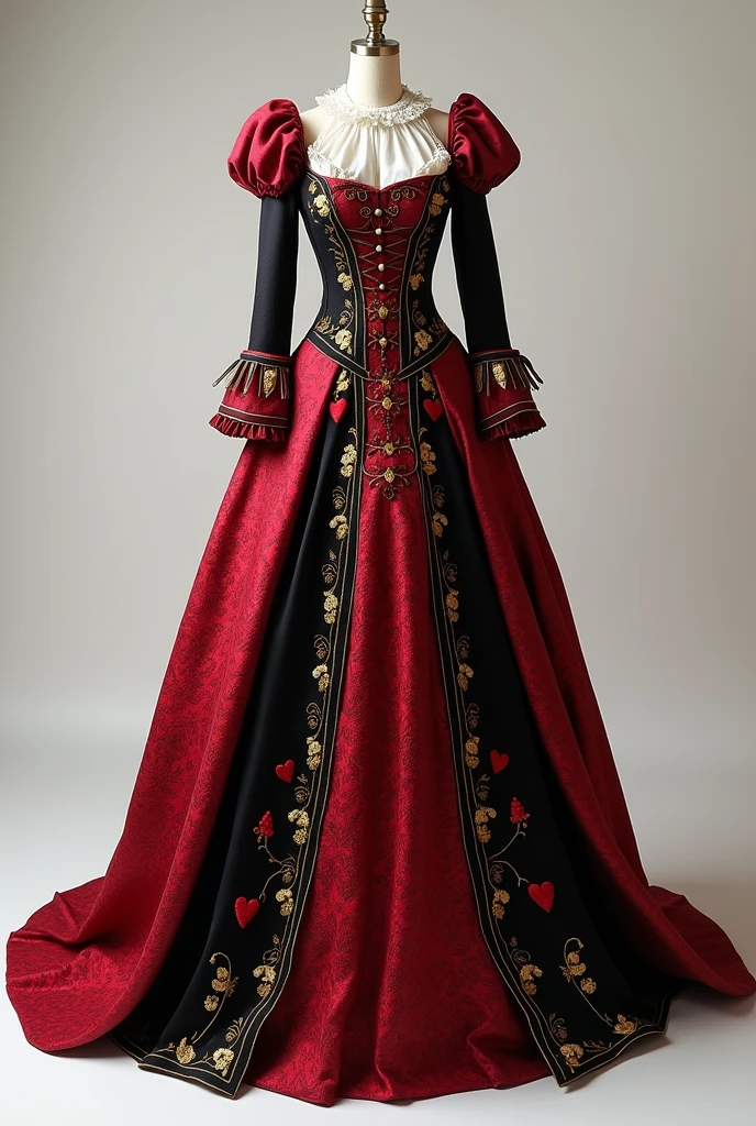 I want you to create a sketch of a dress inspired by the Queen of Hearts, with a style that mixes medieval and princess elements, suitable for a gala event. The dress will have details that refer to the theme of Alice in Wonderland, with colors characteristic of the Queen of Hearts, like red, black white and gold and details that are SIMPLE so you can sew