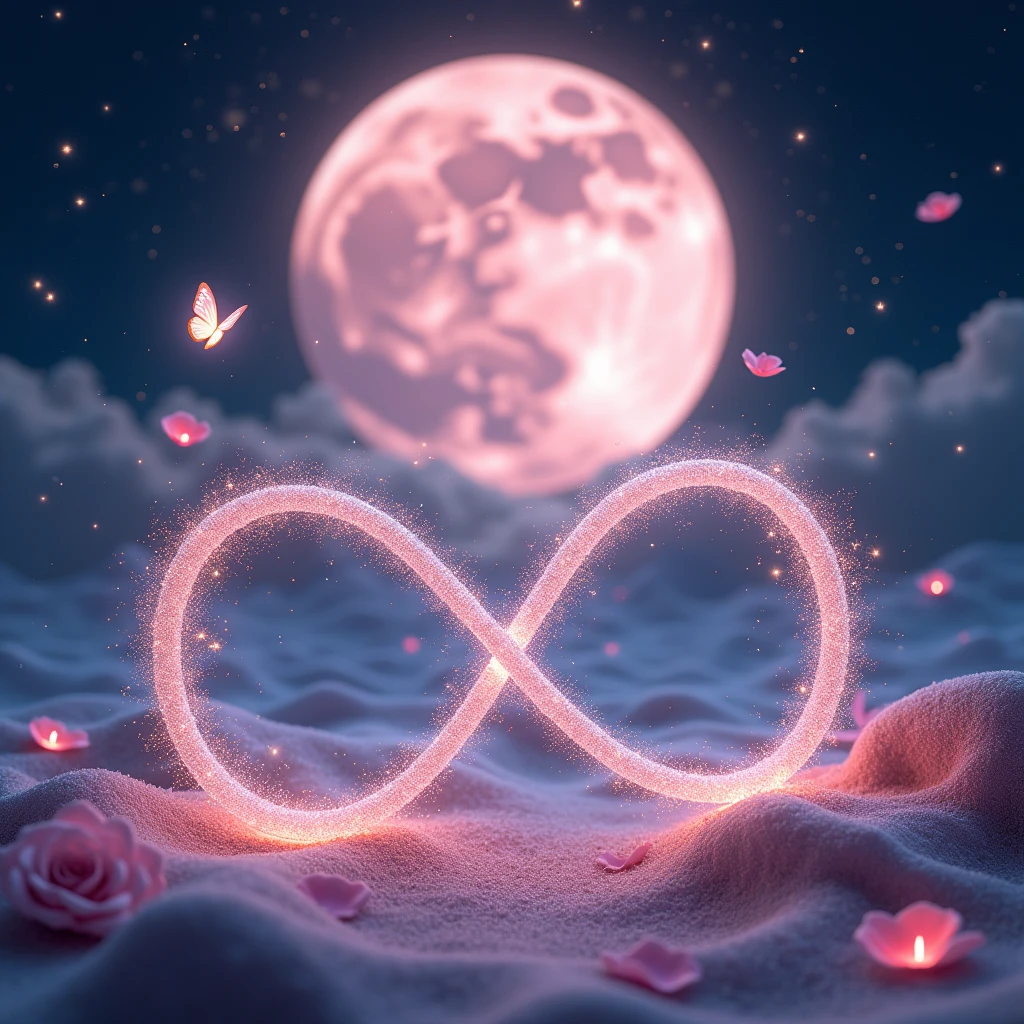 High resolution, masterpiece, Highest quality, High detail, Infinity、symbol、Infinity Mark、きらきらの粒子でできている輝くInfinity Mark、mysterious、myth、大きなPale pinkの月の背景、Sparkle、Night Sky、Close-up, Wide angle, 
Night Skyに煌めくstarの中に輝くInfinity Mark、Behind the mark is a big pink moon、star、star空の下には薔薇、Pale pink、Light color、Glowing Butterfly,Fairy powder、heart、Twin Ray、Expressions of love、forever、