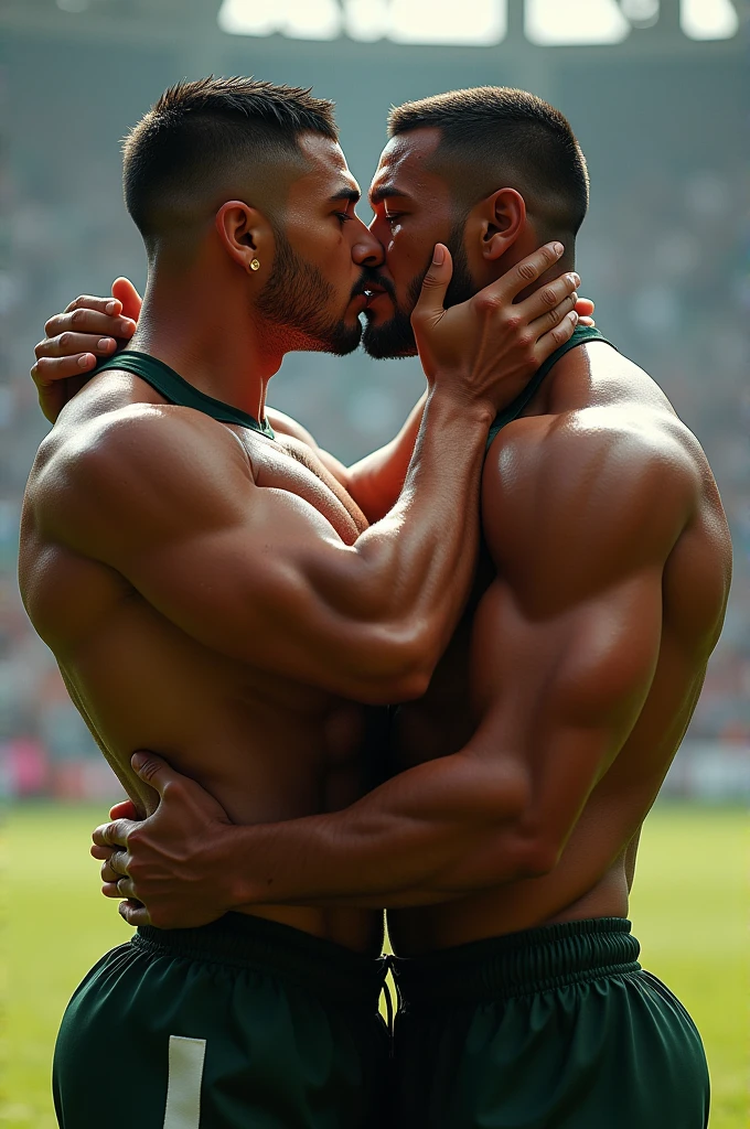 Asian young rugby player A and Asian rugby player B。A has a buzz cut and dark skin、Muscular。Wearing sleeveless rugby uniforms。B has short hair and is a muscular jock。A and B kissed after a rugby match.、Touching each other&#39;s crotches