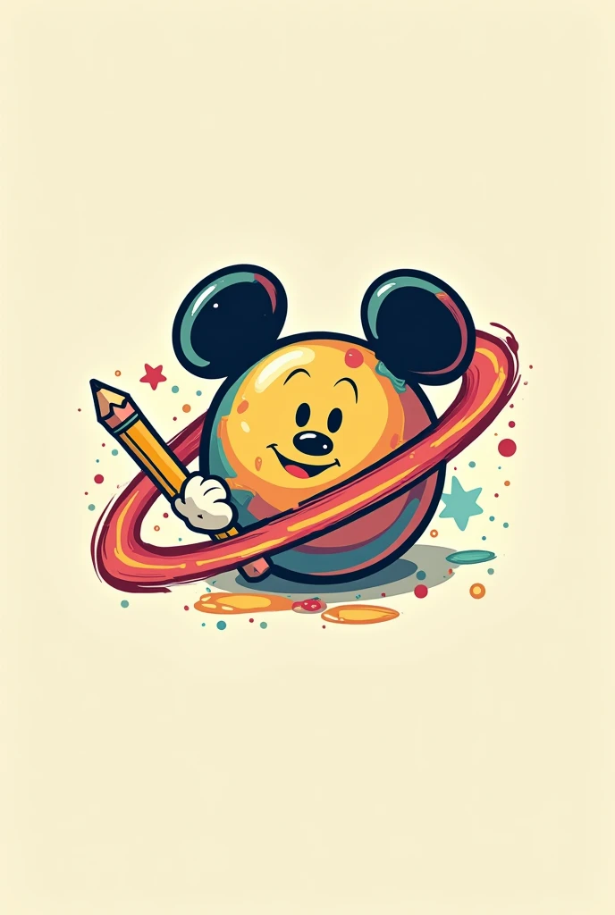 Smiling planet logo , Cartoon type steamboat Willie with a pencil making a colorful stroke around it