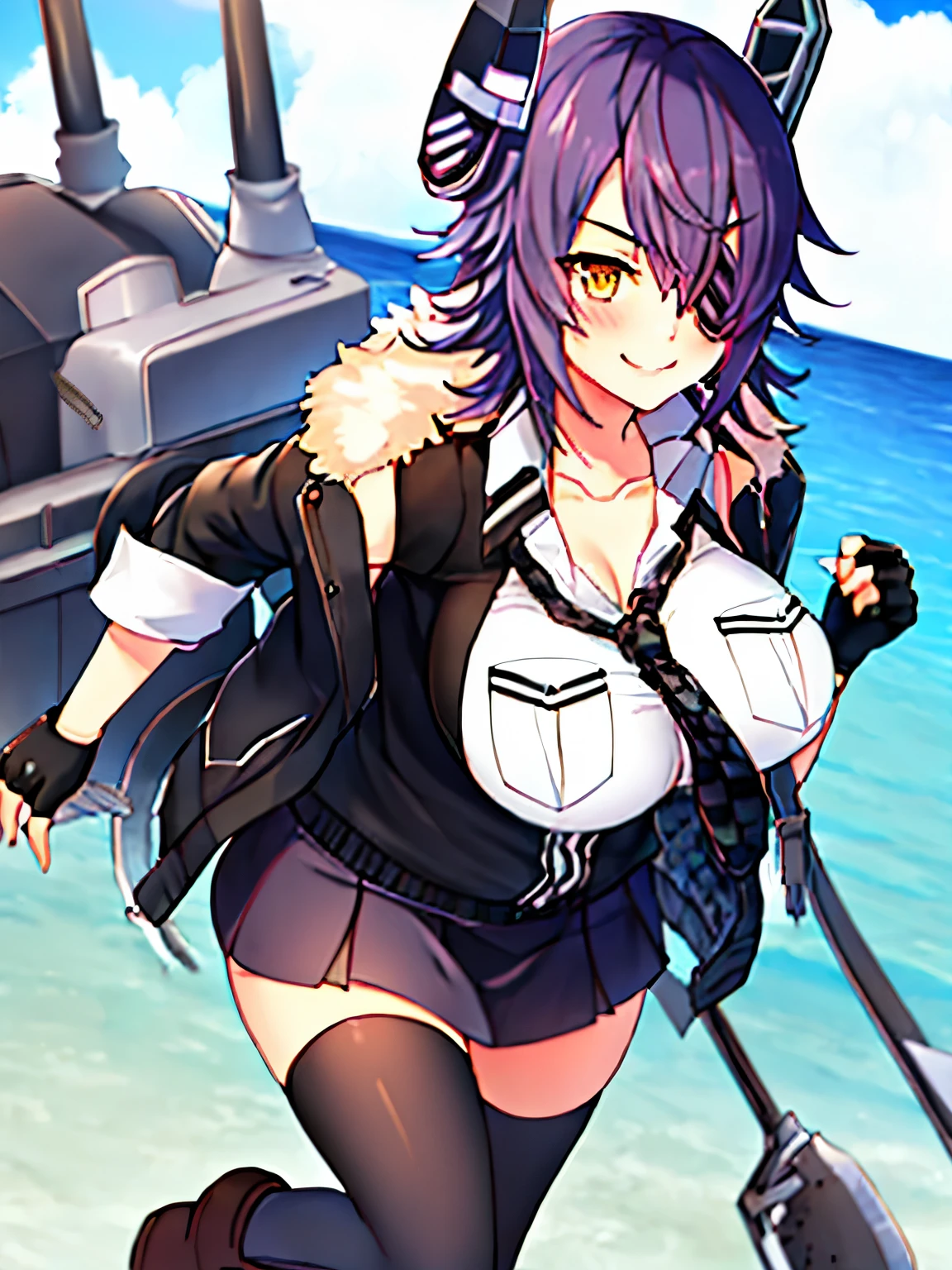 best quality, masterpiece, solo, {tenryuu_kantaicollection:1.15}, teen_girl, eyepatch, short_hair, purple_hair, yellow_eyes, headgear, breasts, necktie, large_breasts, smile, 1girl, blush, checkered_necktie, hair_over_one_eye, shirt, collared_shirt, white_shirt, jacket, sleeveless, brown_eyes, fur-trimmed_jacket, fur_trim, collarbone, looking_at_viewer, pocket, breast_pocket, ,, messy_hair, black_gloves, gloves, partially_fingerless_gloves,harbor_road_landscape_background,outdoor,short_skirt,thigh-highs,boots,sunlight,from_below,nihil,