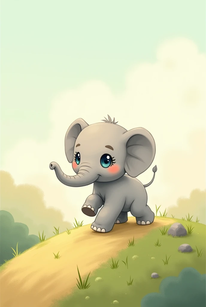 2d, Simple and cute, with gentle colors like a picture book , 8k, Highest quality,cute,Big anime eyes,小さなhillを登ろうとするelephant。Even though I occasionally slip、Climbing without giving up (image: elephant, hill, challenge)