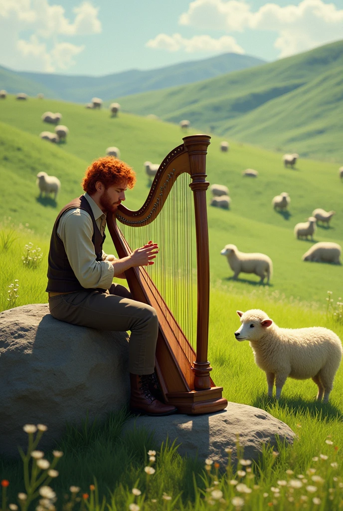 red-haired man, sitting on a rock playing the harp in the background a very green plain and many sheep 