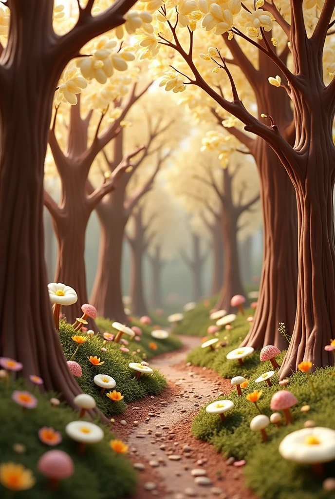 A forest with trees whose leaves are made of white chocolate and whose trunks are made of chocolate