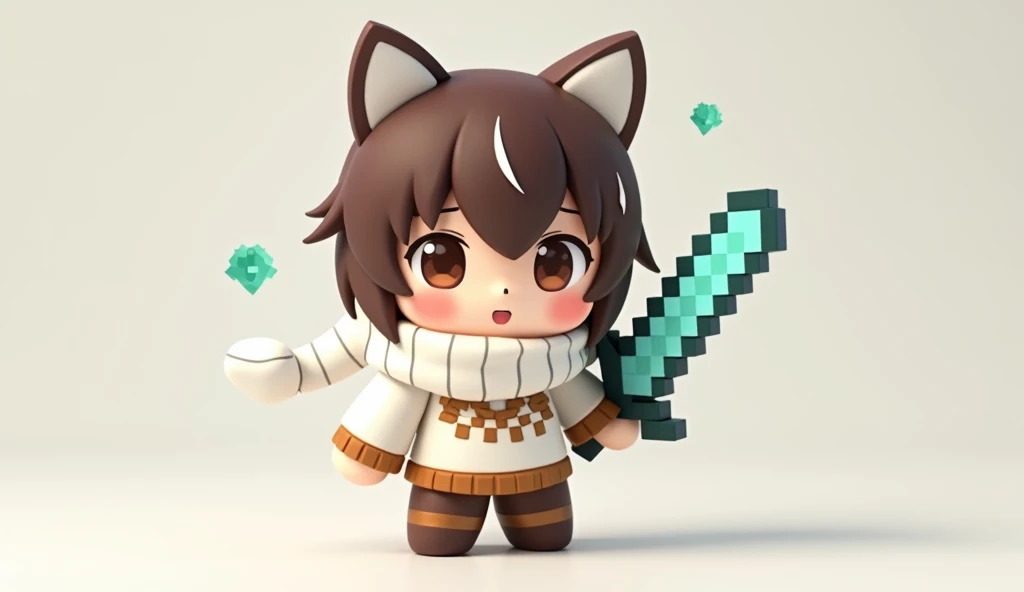 The chibi anime character is wearing a white scarf.、Wearing a white and brown sweater、I'm using a diamond sword from Minecraft。