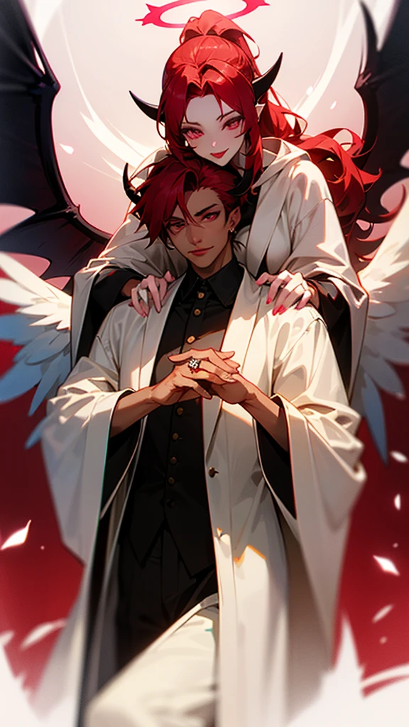 Beautiful woman, devil, fair skin, pink eyes, short straight blue hair, red lips, devil horns and dressed in a black dress.
Attractive man, tall, fair skin, red hair, hair in a ponytail, white robe, angel wings, halo.
Angel man, devil woman, lovers, wedding rings, intimate, romantic.