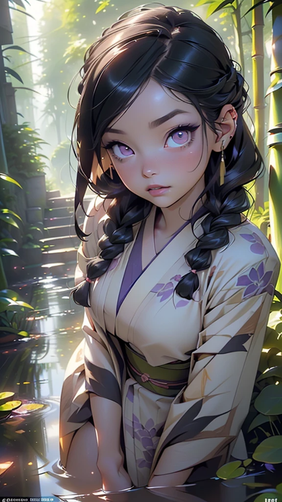 geisha girl from ancient Egypt,1girl,geisha,
(large breasts:1.4),((((long twin braids,tight braids,long braid,braided hair,long hime cut,dark hair,black hair,colored inner hair)))),(((purple_eyes:1.3))),intricate eyes,beautiful detailed eyes,symmetrical eyes,((((lustrous skin:1.5,tanned skin,bright skin: 1.5,skin tanned,shiny skin,very shiny skin,shiny body,Reflective skin)))),(spider lower abdomen,narrow waist,wide hip,athletic body,inflated legs,thick thighs,(detailed face)),beautiful detailed lips,
cute,slutty,sensual,seductive look,seductive,((erotic)),opulent,sumptuous,((nsfw)),
(((tattooed Japanese style)),((kimono,half-naked kimono:1.5)),((heavy face makeup,heavy makeup,purple eyeliner,purple lips,purple eye shadow)),(((color palette limited to purple,pink,blue,dark purple))),(((wet clothes))),
(flirtatious pose:1.3), looking at viewer,embarrassed,centered,scale to fit dimensions,Rule of thirds,
outdoors,(waterfall,bamboo,river,bamboo forest,japanese temple,red lanterns burning,temple in the forest,mossy stairway in the temple,dilapidated temple,bamboo sanctuary,),scenery,extremely scenery,(puddles everywhere,moss,moss on the background),clouds,lily pads,(sunset, golden hour),
(Glossy asin ornaments),highres,sharp focus,(ultra detailed,extremely detailed),(photorealistic artwork:1.37),(extremely detailed CG unity 8k wallpaper),(((vibrant colors,vibrant theme))),(intricate),(masterpiece),(best quality),artistic photography,(photography taken by sldr),(intricate background),perfect rendered face,perfect face details,realistic face,photo realistic,((intricate detail)),(((realism))),