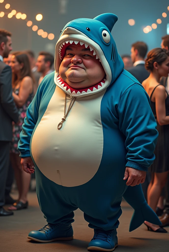 A fat, short, and unkempt man, Womanizer in a shark costume