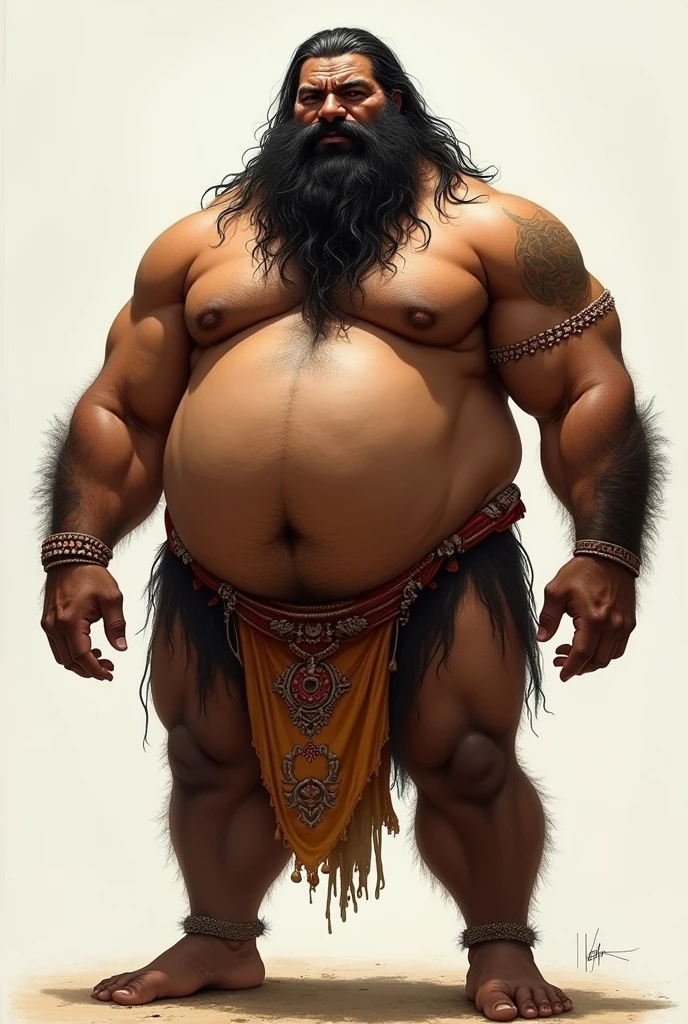 Drawing of a big belly hairy dark skinned muscular Indian man wearing Indian style underwear