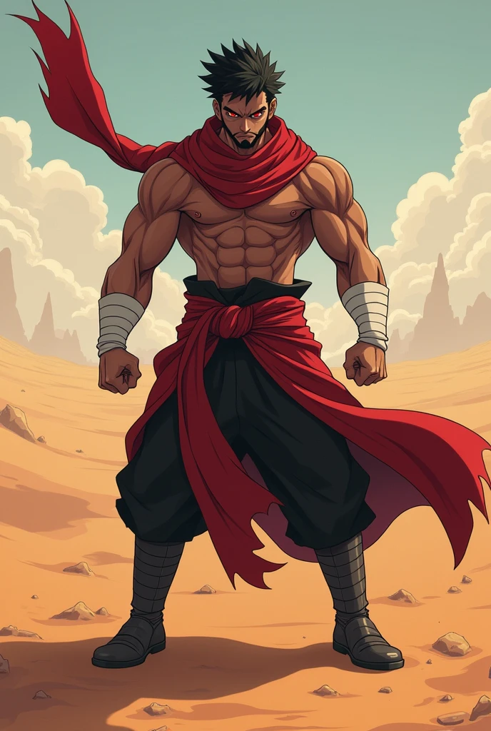 An anime character:
male gender, black short hair, short beard, Eyes red, dark brown skin.
Wears white bands tied around his arms.
His clothes are red and black in color., leather boots, long red scarf.
is in a fighting position.
the background is in the desert.