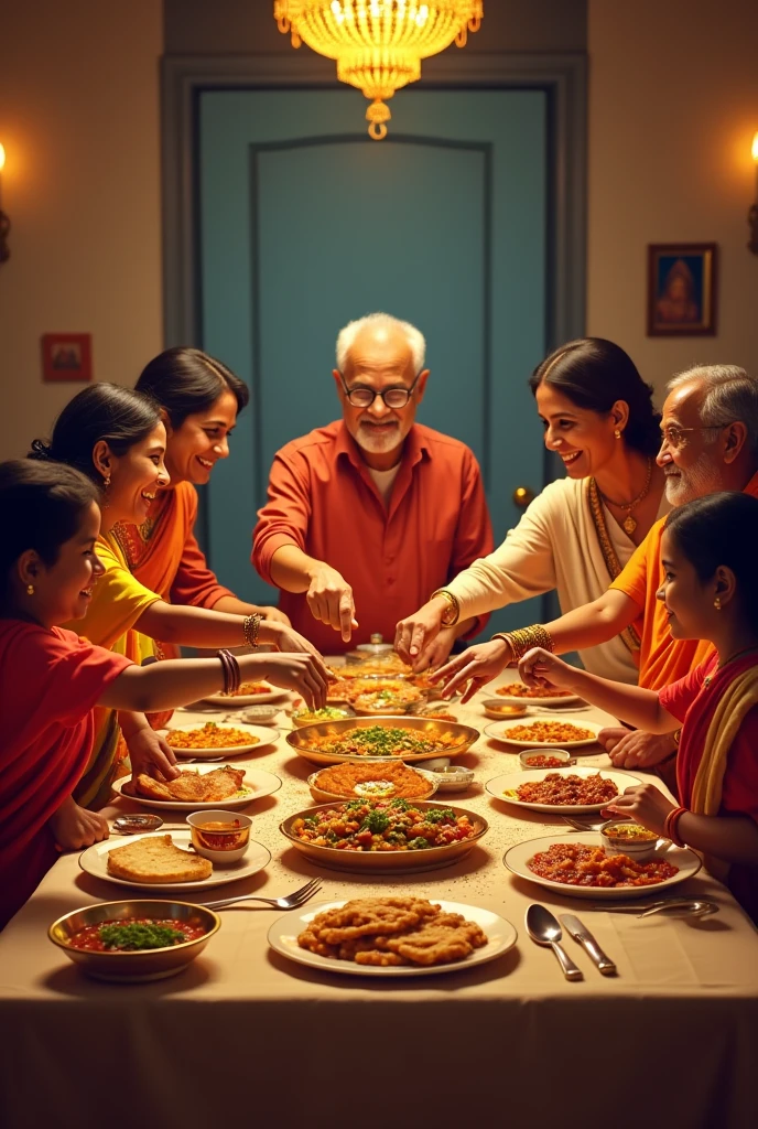 Indian people at a table sharing dinner passing food to each other  