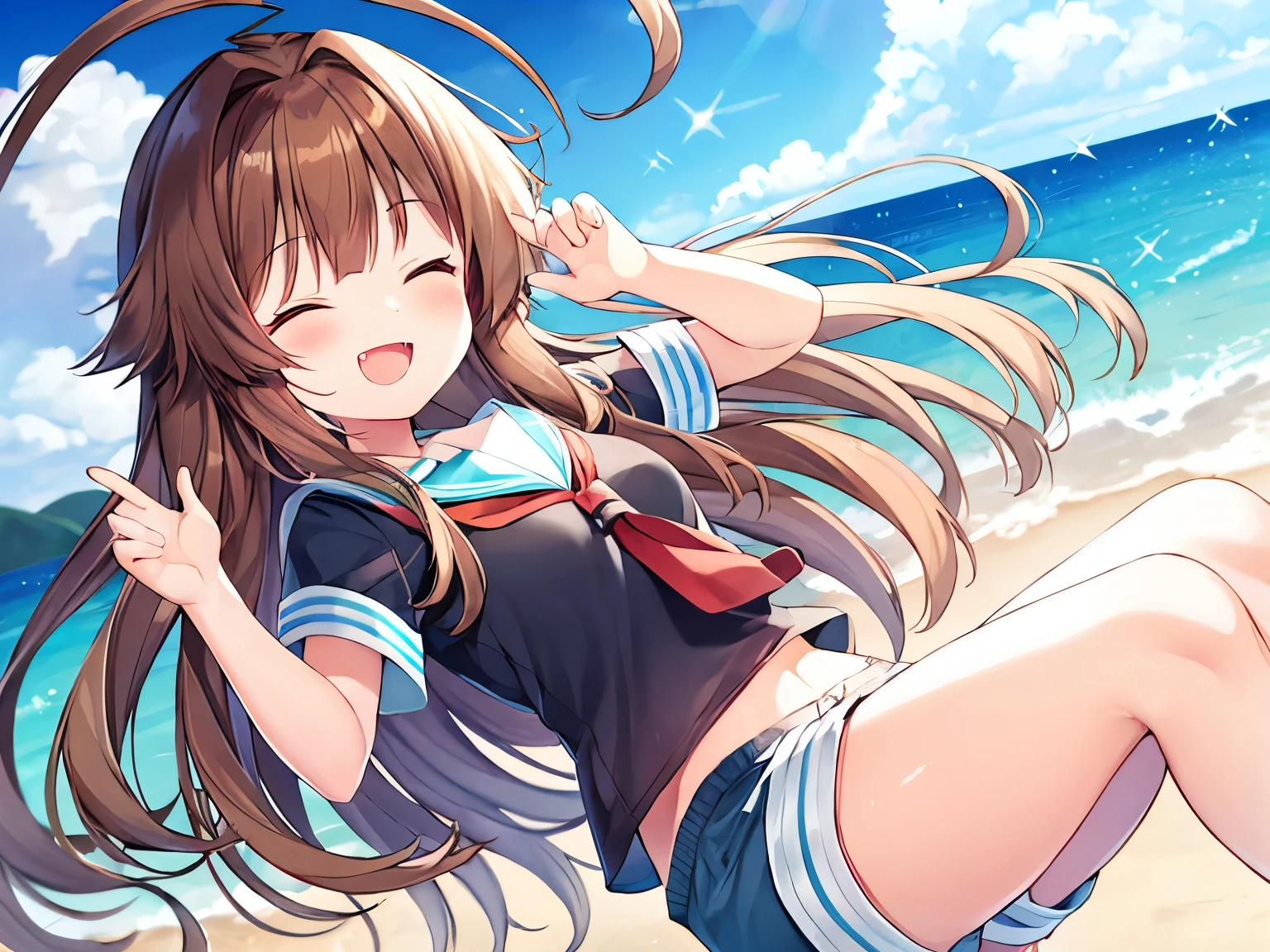 1young_teen_ girl,  brown_hair, long_hair, sailor_uniform,white_ baggy_shorts, short_sleeve, thighs, small_breasts, big_smile, open_mouth, fang, harbor_landscape_background, slightly_spread_legs, happiness, covered_crotch,ahoge,XD,exciting_posing,closed_eyes,solo,