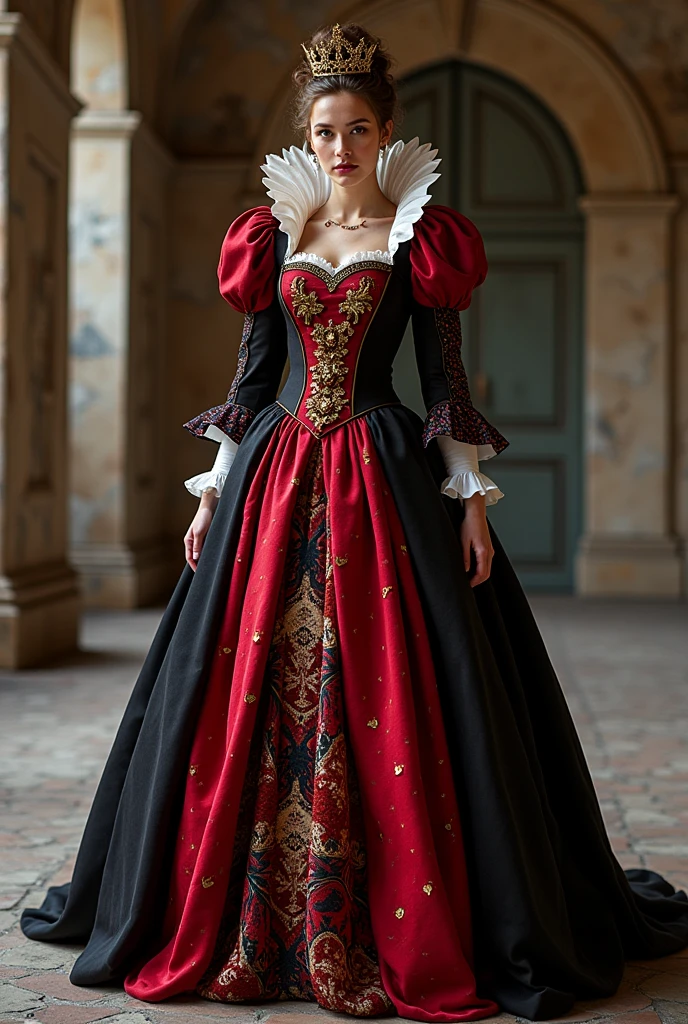 I want you to create a sketch of a dress inspired by the Queen of Hearts, with a style that mixes medieval and princess elements, suitable for a gala event. The dress will have details that refer to the theme of Alice in Wonderland, with colors characteristic of the Queen of Hearts, like red, black white and gold and details that are SIMPLE so you can sew