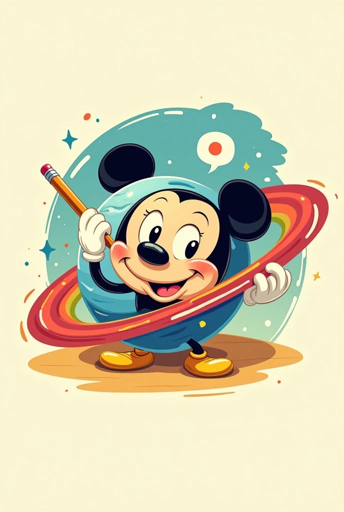 Smiling planet logo , Cartoon type steamboat Willie with a pencil making a colorful stroke around it
