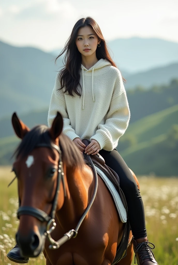 Beautiful white-skinned Korean woman, clean and smooth, wearing a white knit hoodie, black jeans, boots, riding a horse against a background of mountain pastures, real photo