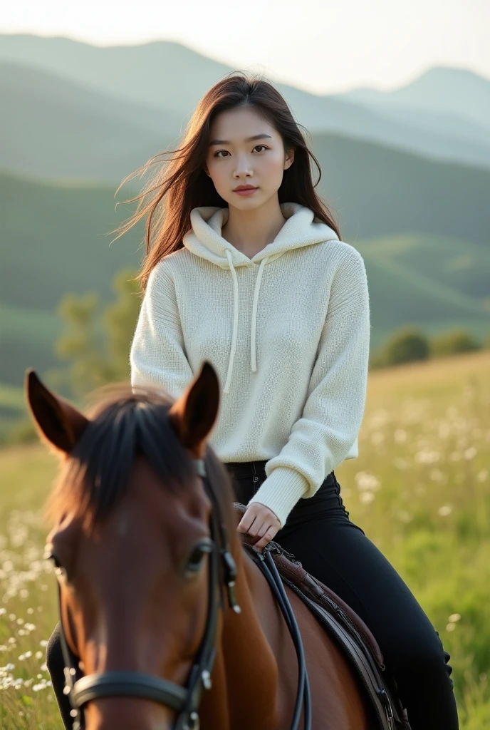 Beautiful white-skinned Korean woman, clean and smooth, wearing a white knit hoodie, black jeans, boots, riding a horse against a background of mountain pastures, real photo