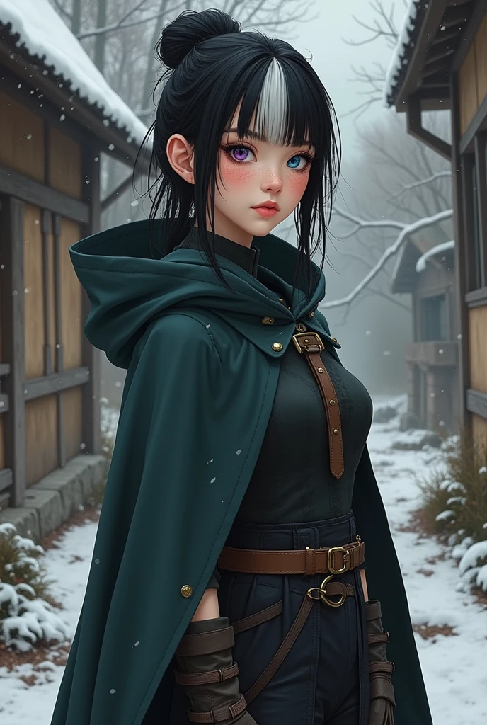 create a fantasy book illustration, but realistic. A twenty year old girl with Asian features, fair skin because it doesn't get sun, freckles on the face. She has neck-length black hair and her bangs are ear-length., has a white streak in the fringe. Your eyes have heterochromia, one is blue and the other is violet. she has 1,70 tall and thin. His clothes are medieval, but she wears pants, long blouse and a cloak for the cold, on his feet an old leather boot. She has a convinced and serious expression., a sarcastic smile and a confident posture