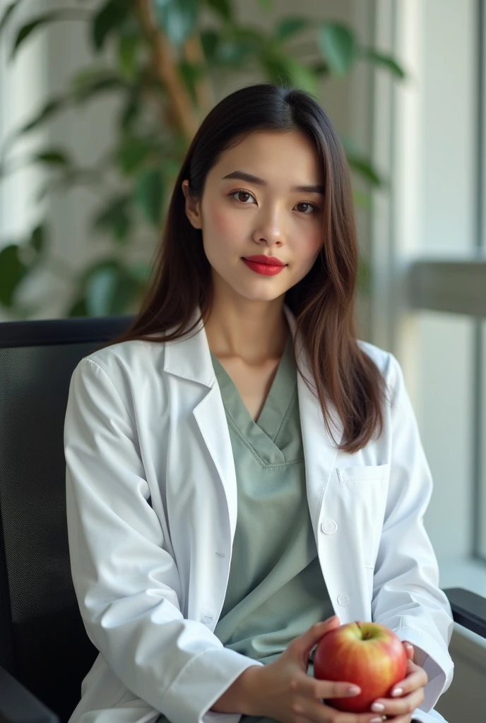 young woman, straight hair in dark brown color, brown eyes and striking red lipstick, very fair skin and well-defined eyebrows, with the background of a Nutrition office, she is sitting on the chair and wearing a white coat and holding an apple