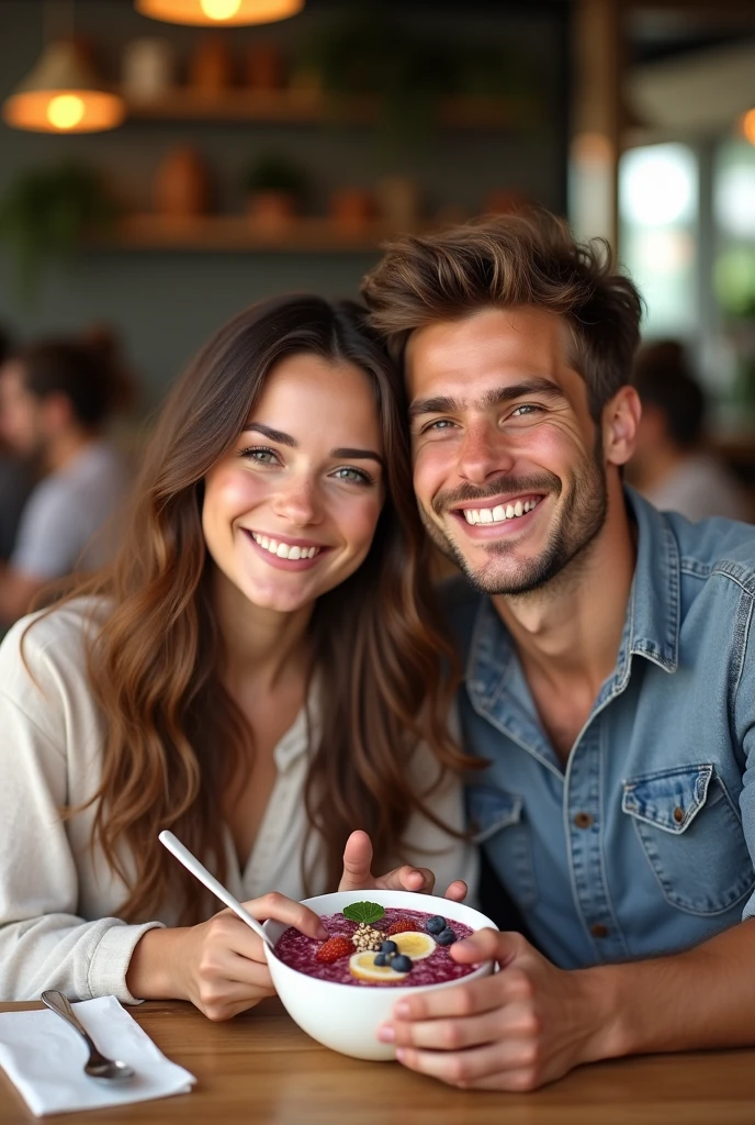 Realistic Young Couple, At the acai shop ,brown hair eating acai , with friends Ultra HD, high qualiy, best qualityer, high resolution, 8k, 16K