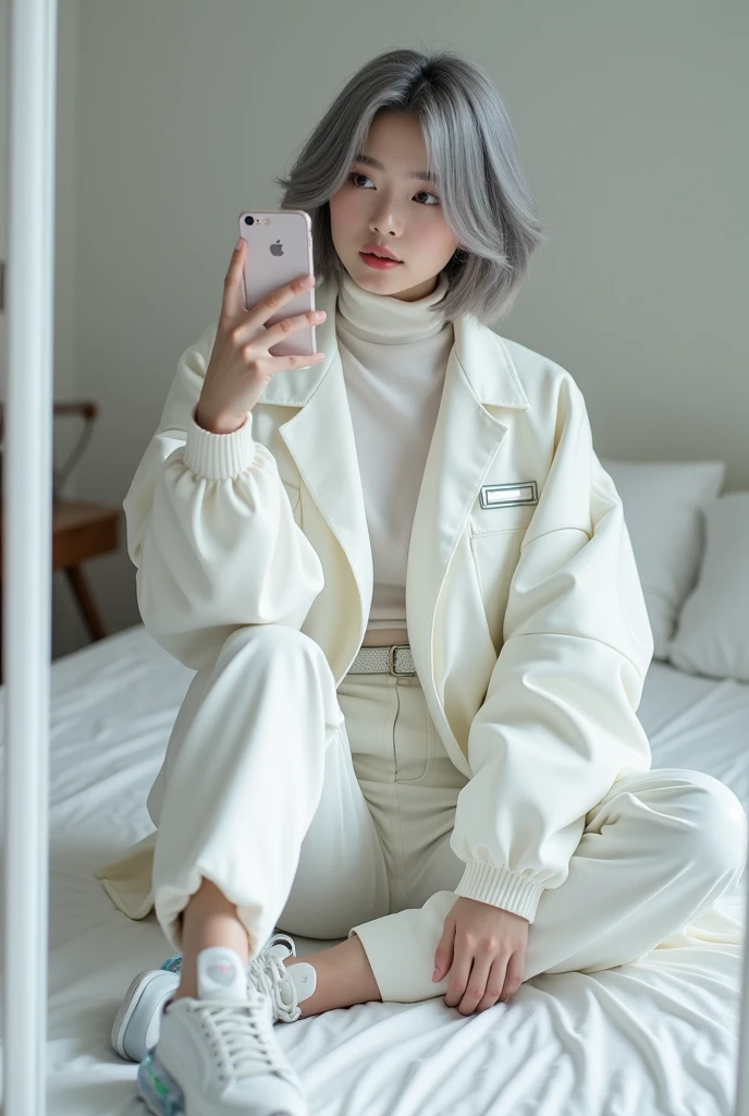 highly detailed, beautiful, hyper Realistic girl, masterpiece, best quality, Japanese sexy gravure woman, 28 years old, identity hidden, takes a selfie in her room using a smartphone in front of a mirror with one hand, fashion model Posing, sitting, looking away from the camera, /// gray short hair, light color eyes, Realistic skin, Detailed face, /// white-themed, futuristic-inspired casual fall outfit. The ensemble should feature a high-collared, white asymmetrical short jacket with metallic accents, paired with a sleek, form-fitting turtleneck in a soft white fabric. Combine this with high-waisted white joggers made from a lightweight, tech-inspired material. Footwear should include white, futuristic sneakers with transparent soles. Accessories might involve a slim, metallic belt and a minimalist white crossbody bag with holographic details. The overall look should blend modern functionality with futuristic elements, offering a fresh, forward-thinking take on autumn fashion, /// Monotone simple modern taste single room, mirror, complicated background