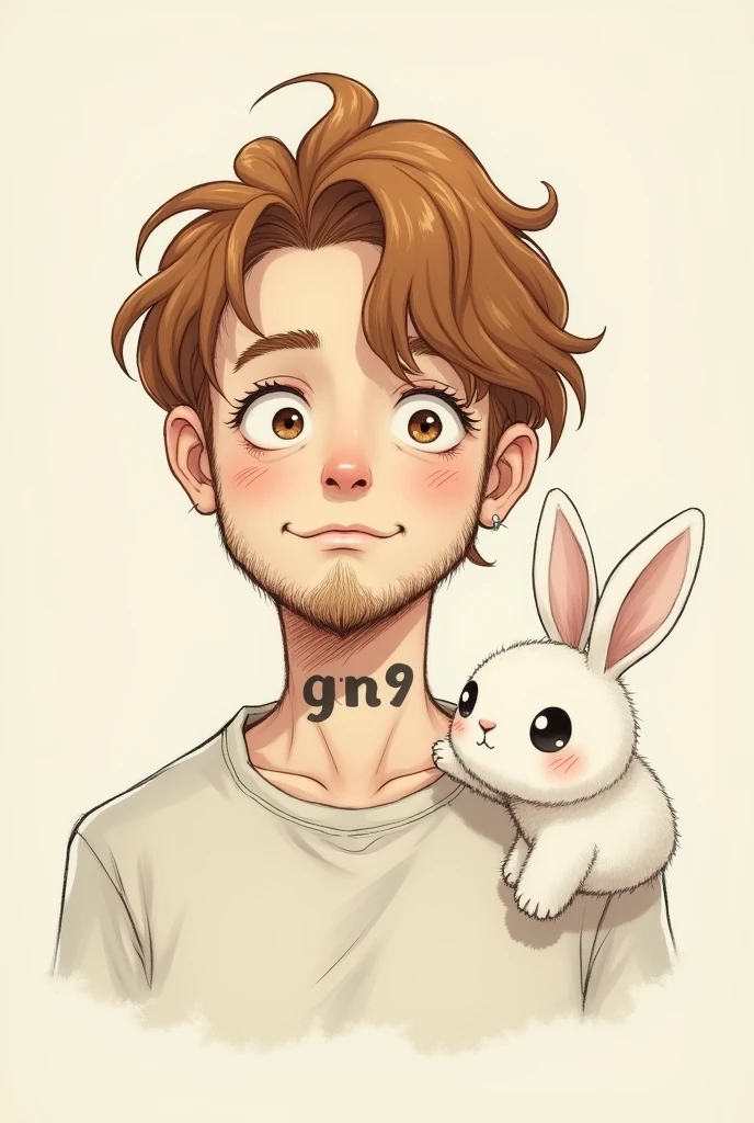 A guy doing live, offwhite, chestnut hair, nose a little big, sem beard, Youngh, appearance of with 1 small and unique tattoo on the neck written " GN9 ", and with the ghost RABBIT by your side as your pet. make paper drawing style