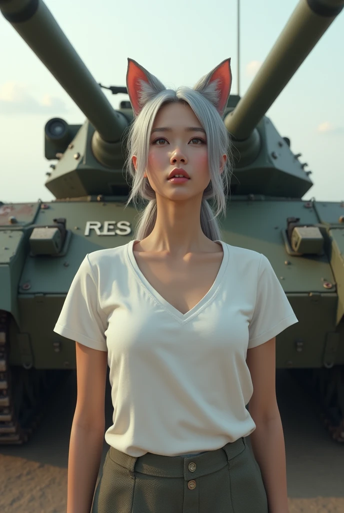 In a realistic 3DCG style、Please draw a 25 year old woman with average facial features of a Japanese female idol.。She has cat ears and long silver hair tied in a ponytail.、She is wearing a white V-neck T-shirt and skirt。The view is from below、Set her face to look up、Please draw so that the whole body is visible。She stands strong and dignified.、In the background, a tank equipped with a large main gun with realistic texture is placed.、The tank had『res』It is written that。Please realistically express the scene that highlights the character's determination and overwhelming presence.。