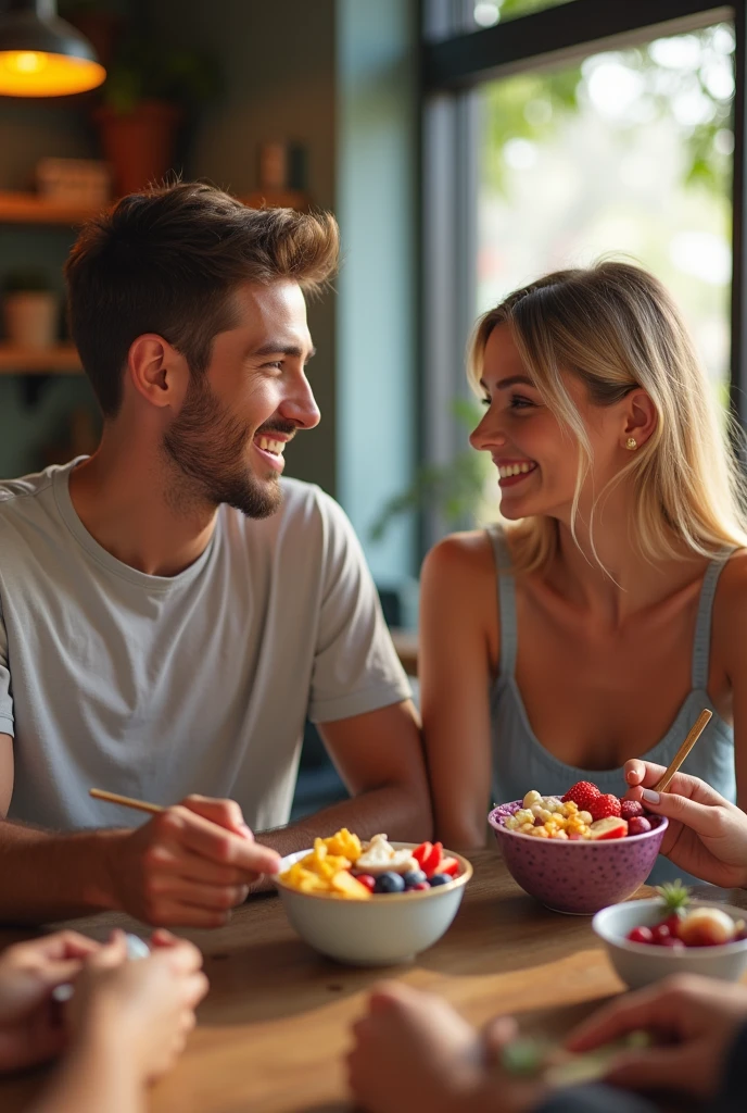 Man and realistic girlfriend , At the acai shop ,blonde hair eating acai , with friends Ultra HD, high qualiy, best qualityer, high resolution, 8k, 16K