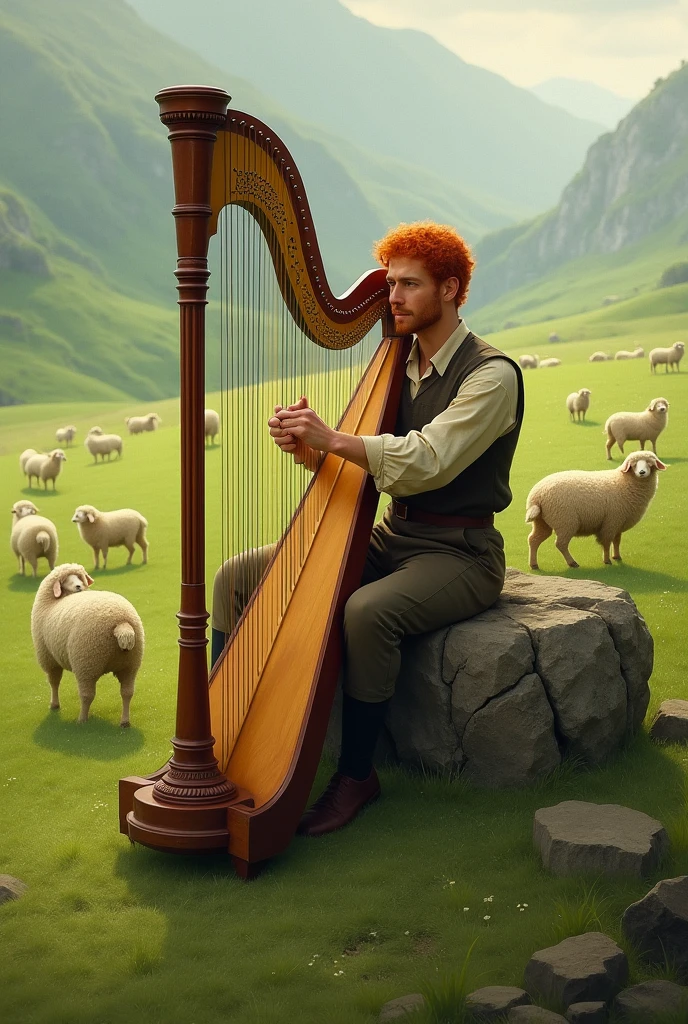 red-haired man, sitting on a rock playing the harp in the background a very green plain and many sheep