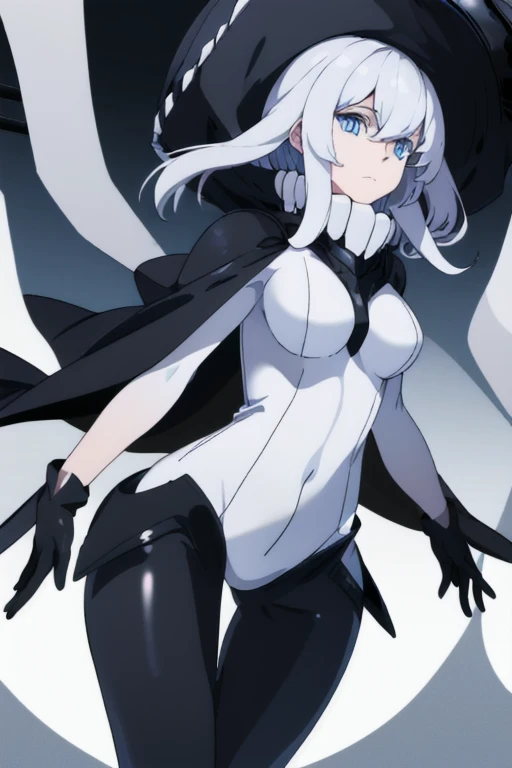 wo-class aircraft carrier, hat, gloves, breasts, hair, 1girl, white hair, solo, white skin, black gloves, bodysuit, blue eyes, black cape, cloak, leather pants, room, Masterpiece, Best Quality,