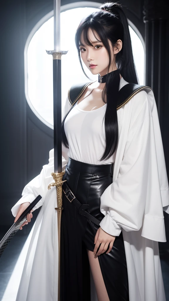 Black-haired woman，Holding a sword，White clothes，170cm tall，ponytail