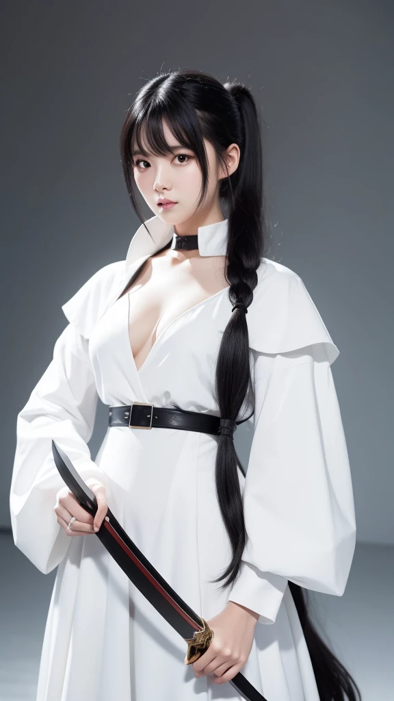 Black-haired woman，Holding a sword，White clothes，170cm tall，ponytail