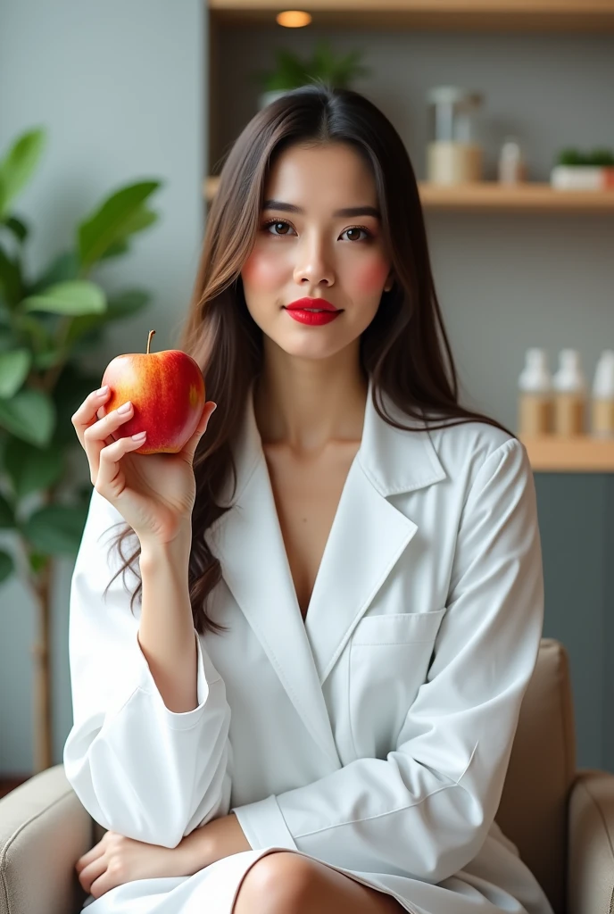 young woman, long straight hair in dark brown color, brown eyes and striking red lipstick, very fair skin and well-defined eyebrows, with the background of a Nutrition office, she is sitting on the chair and wearing a white coat and holding an apple