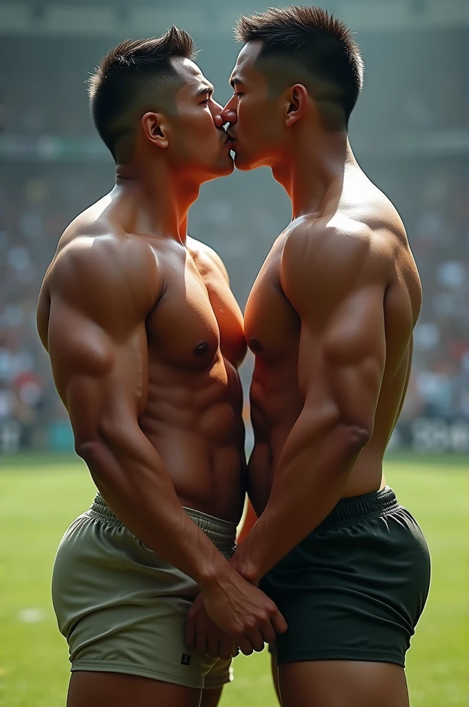 Asian young rugby player A and Asian rugby player B。A has a buzz cut and dark skin、muscular。Wearing sleeveless rugby uniforms。B has short hair and is a muscular jock。A and B kissed after a rugby match.、Touching each other's crotches first person view,