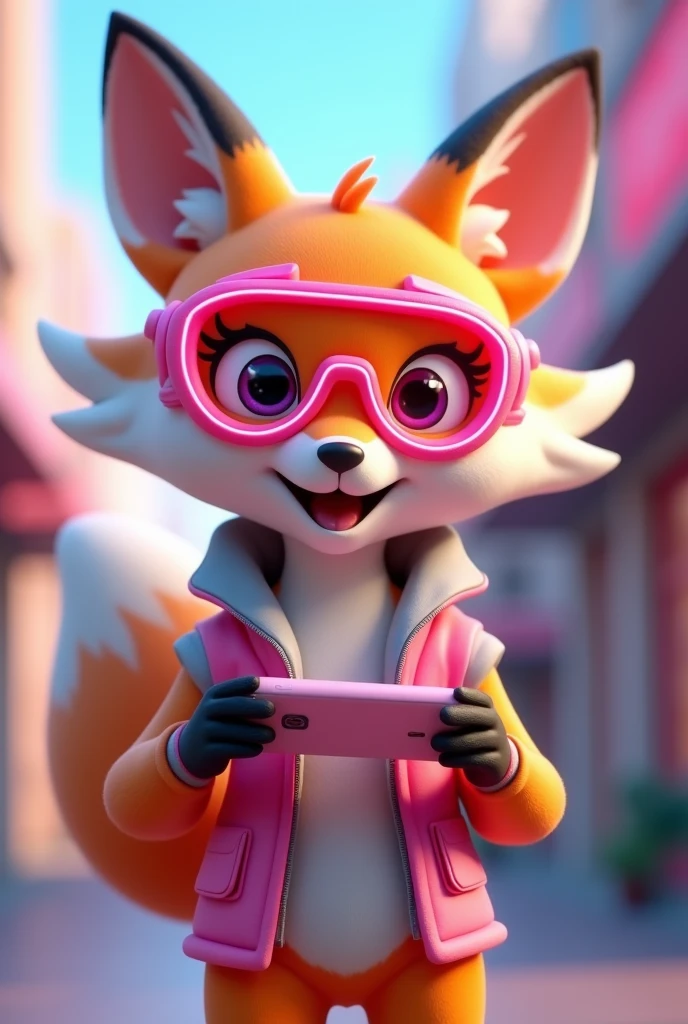 Create a 3D Disney Pixar style fox named Techie Fox. She must exude a curious personality, innovative and enthusiastic, perfect for a section dedicated to technology and gadgets.
colors: Vibrant shades of orange and white, with pink details and accessories to maintain cohesion with the other mascots.
Accessories:
futuristic glasses: Tech glasses with a modern design and pink details.
technological clothing: A stylized vest or jacket with pink accents and digital or technological patterns.
Technology Equipment: May be holding or interacting with gadgets like a tablet, smartphone or a technological device with pink details.
Expressions: Enthusiastic smile and bright eyes, with an expression of curiosity and excitement that conveys innovation and passion for technology.
Activities and Poses:
Exploring Technology: Interacting with gadgets, such as showing a tablet or smartphone with a technological interface.
Technology Tips: Pointing to a board with tips on new gadgets, technological tricks or trends.
Innovating: Perhaps demonstrating the use of a futuristic gadget or helping to set up a device.
Interactivity on the Website:
Hover animations: Animated movements like showing the screen of a gadget, blink your eyes to simulate interaction with technology, or rotate a device.
Technological Messages: Friendly messages with tips on new gadgets, applications and technological trends.