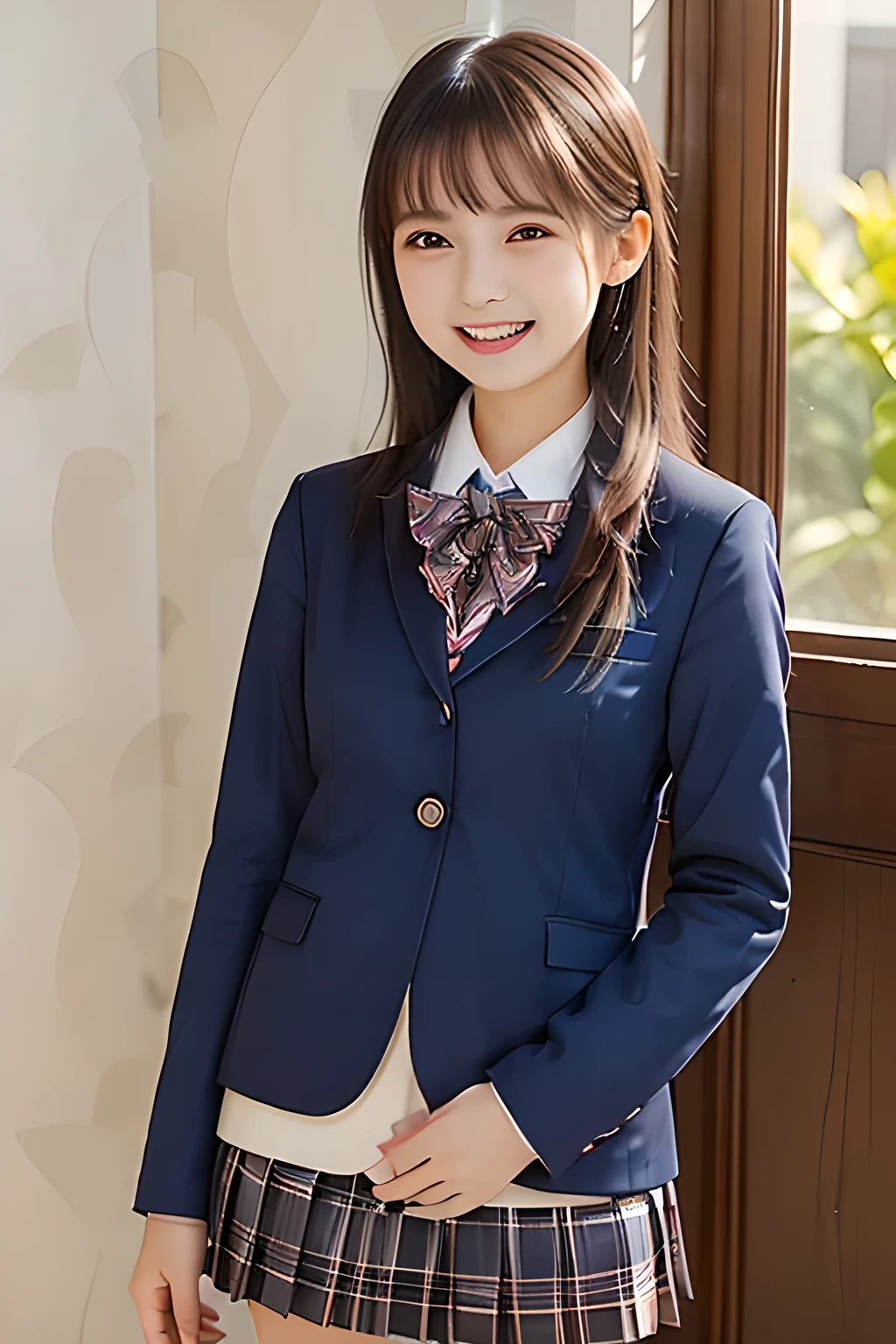 (highest quality, masterpiece, high resolution:1.2), 4K, (Photo quality well detailed white white white face: 1.2), geometry, (16 yo cute girly Japanese sensitive weak girl with very detailed graceful cute smiling face is turning to me and looking me: 1.5), Laughing cutely, (Japanese school girly navy-colored blazer uniform: 1.4), (blue dark blue blue expensive pleated checkered school skirt inside the blazer: 1.6), (big sharp breast: 1.3), (Dark red glossy school ribbon on the breast: 1.0), (Extremely laughing cheeks: 1.0), (Beautiful pretty large laughing cute cute cute childish childish laughing cutely laughing eyes with detailed and balanced well: 1.4), (Double eyelids: 1.0), (Long bottom eyelashes: 1.2), (Glossy very wet lips: 1.0), (Super-straight hair, extremely very long hair which reaches her waist: 1.3), (plain light orange-colored wall paper with cute white heart marks), (White-Orange-Colored background with many white lovely heart marks: 1.0)