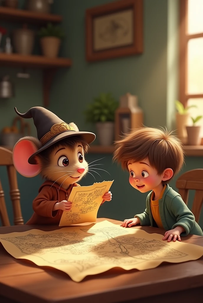 The Little Mouse in the Hat ((animal)), called Remy, talking to Leo (()) while holding a small map with drawings indicating a secret path.