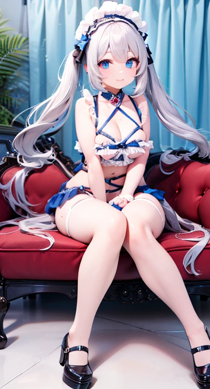 cute,Highest quality,Woman wearing lace-limited lingerie,White blue,Large Breasts,Twin tails,bonnet,Blue eyes,Shy face,cute eyes,puffy eyes,On the bed,sitting,Stylish,Beautiful breasts,Beautiful legs and thighs,