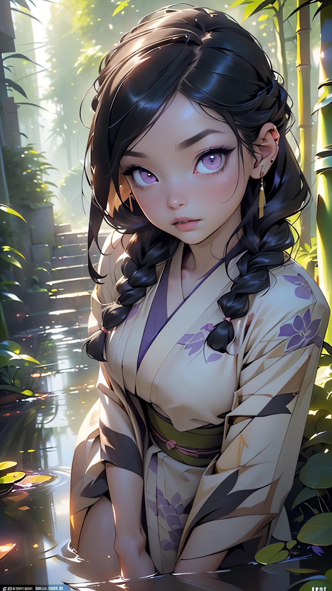 geisha girl from ancient Egypt,1girl,geisha,
(large breasts:1.4),((((long twin braids,tight braids,long braid,braided hair,long hime cut,dark hair,black hair,colored inner hair)))),(((purple_eyes:1.3))),intricate eyes,beautiful detailed eyes,symmetrical eyes,((((lustrous skin:1.5,tanned skin,bright skin: 1.5,skin tanned,shiny skin,very shiny skin,shiny body,Reflective skin)))),(spider lower abdomen,narrow waist,wide hip,athletic body,inflated legs,thick thighs,(detailed face)),beautiful detailed lips,
cute,slutty,sensual,seductive look,seductive,((erotic)),opulent,sumptuous,((nsfw)),
(((tattooed Japanese style)),((kimono,half-naked kimono:1.5)),((heavy face makeup,heavy makeup,purple eyeliner,purple lips,purple eye shadow)),(((color palette limited to purple,pink,blue,dark purple))),(((wet clothes))),
(flirtatious pose:1.3), looking at viewer,embarrassed,centered,scale to fit dimensions,Rule of thirds,
outdoors,(waterfall,bamboo,river,bamboo forest,japanese temple,red lanterns burning,temple in the forest,mossy stairway in the temple,dilapidated temple,bamboo sanctuary,),scenery,extremely scenery,(puddles everywhere,moss,moss on the background),clouds,lily pads,(sunset, golden hour),
(Glossy asin ornaments),highres,sharp focus,(ultra detailed,extremely detailed),(photorealistic artwork:1.37),(extremely detailed CG unity 8k wallpaper),(((vibrant colors,vibrant theme))),(intricate),(masterpiece),(best quality),artistic photography,(photography taken by sldr),(intricate background),perfect rendered face,perfect face details,realistic face,photo realistic,((intricate detail)),(((realism))),
