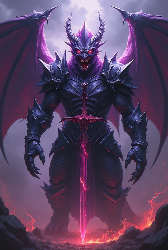 Create a e621 terrifying version of a white anthropomorphic dragon made of crystals with dragon-themed paladin armor and a mystical appearance. For the scary version, emphasize darker, more intense elements of the skin. Use background, ominous colors like dark purples, black, and reds. Highlight strong tones, menacing features like fierce, shiny dragon scales, Malevolent Eyes. Add dramatic effects like stormy or fiery energy around you and make your sword look more formidable and menacing. Make sure your dragon motifs and armor look more intimidating, jagged appearance to enhance the overall frightening presence
