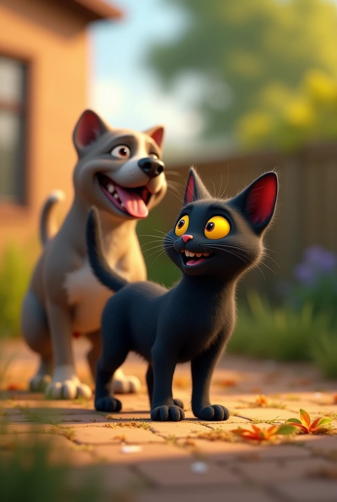 cat black, Disney  style, skin tone: blackw, body hair: Not applicable, eyeballs: Bright yellows, fund: backyard of house, playing with a dog disney style, brown hair, the dog looks like a pitbull , Grinning, glad, (Pixar-style) (Masterpiece artwork:1.2) (bokeh) (best qualityer) (detailed texture) (8k) (Argilla) (cinematic lighting) (sharp focus)