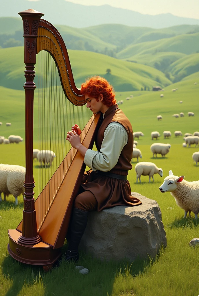 red-haired man, sitting on a rock playing the harp in the background a very green plain and many sheep