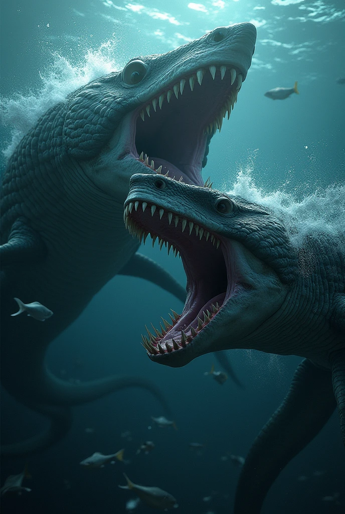 titanoboa fighting a megalodon in deep ocean waters