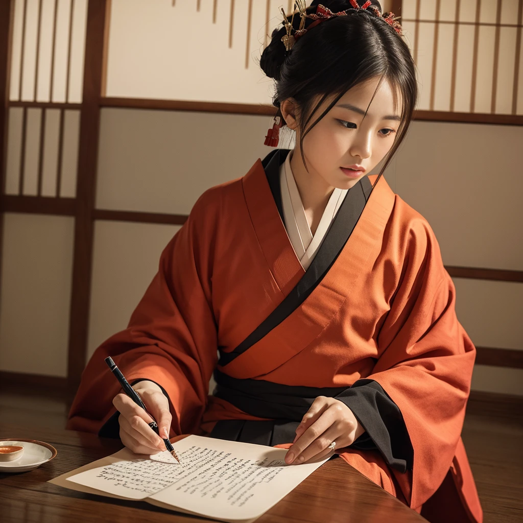 A female samurai writing a letter