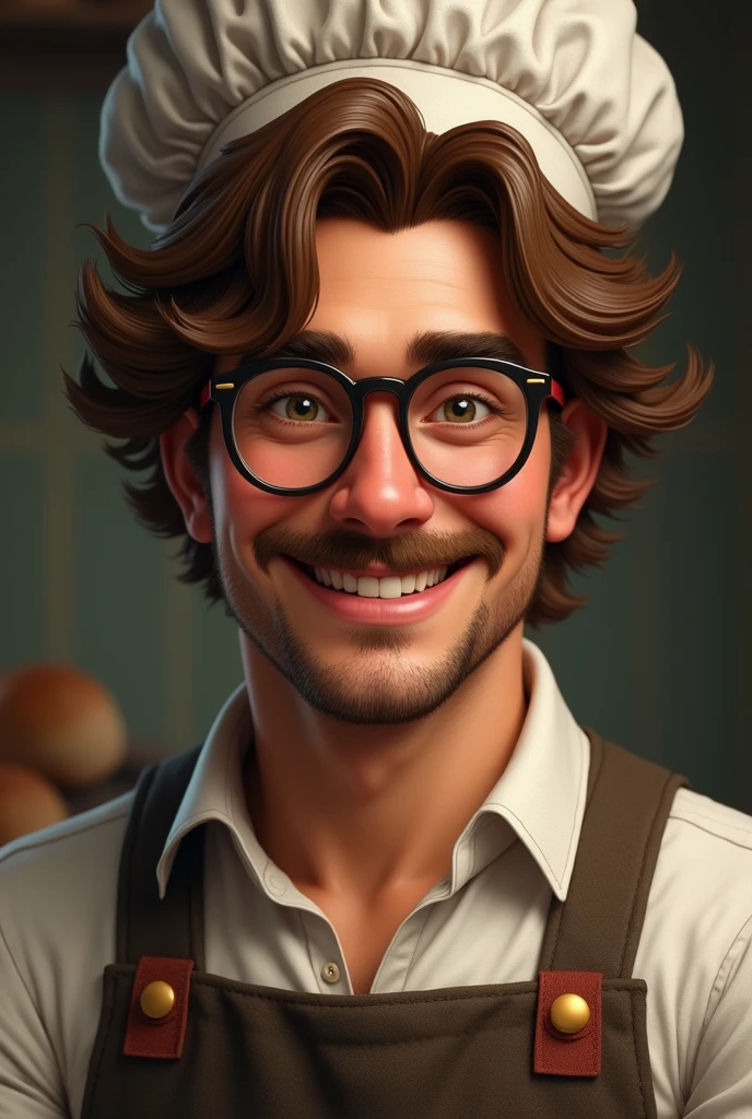 A drawing of an 1800's Italian baker with a mustache, baker's hat, Simple, happy, that gives confidence and smiles with the eyes, kind and sincere smile, He cares about people and is very empathetic and with traditional Italian beauty, brown and wavy hair, Wear very nice glasses Make it as real as possible