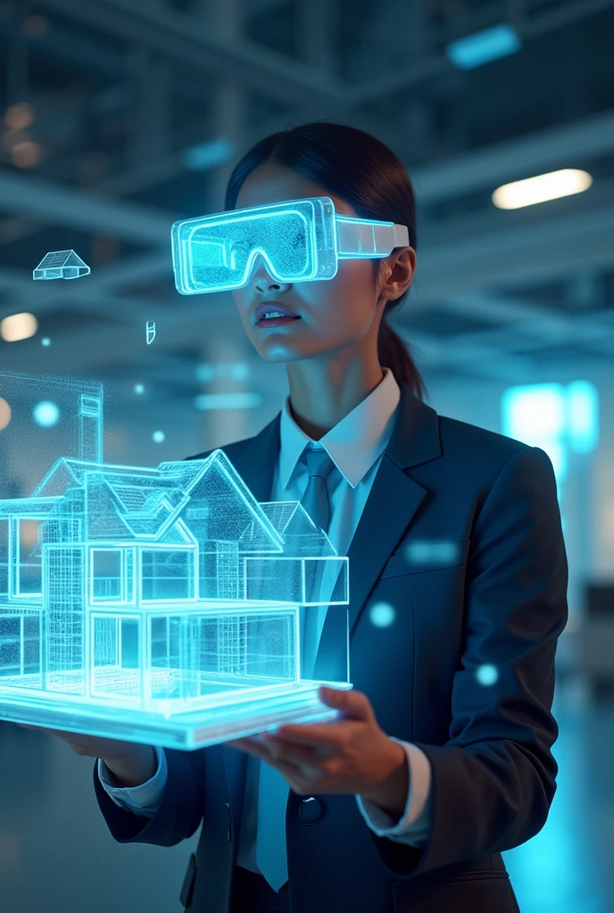 Person viewing a real estate website with 3D glasses and the page looks like a hologram 