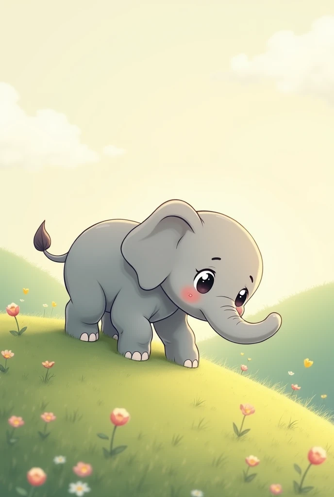 2d, Simple and cute, with gentle colors like a picture book , 8k, Highest quality,cute,Big anime eyes,小さなhillを登ろうとして足を滑らせるelephant。(image: elephant, hill, challenge)