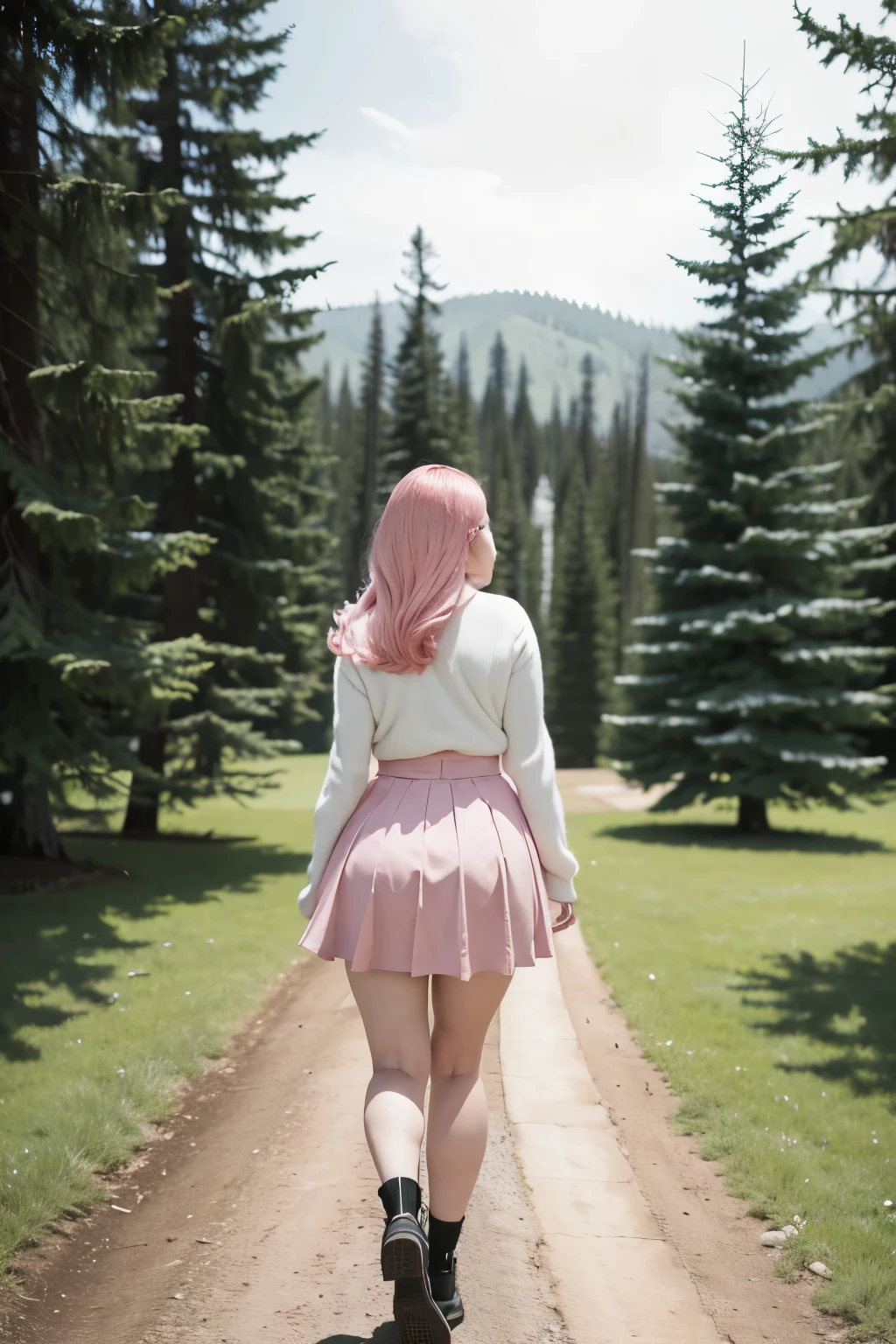 a one woman, pink  hair, standing backwards, big-ass, looking back, skirt lifted at the back, super detaill, high resolution, 8k 
