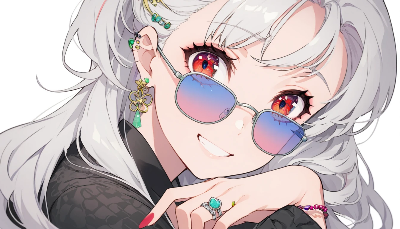 One girl, alone, Long Hair, View your viewers, smile, bangs, 、Red eyes,White hair in the eye、Beautiful eyes that shine, underwear , black skirt、jewelry, Sitting, Upper Body, Silver Hair、 earrings, Glasses, Earrings, sunGlasses, ring, ear Earrings,Colored Glasses, White Background、White background,Umaibo、Candy, ponytail