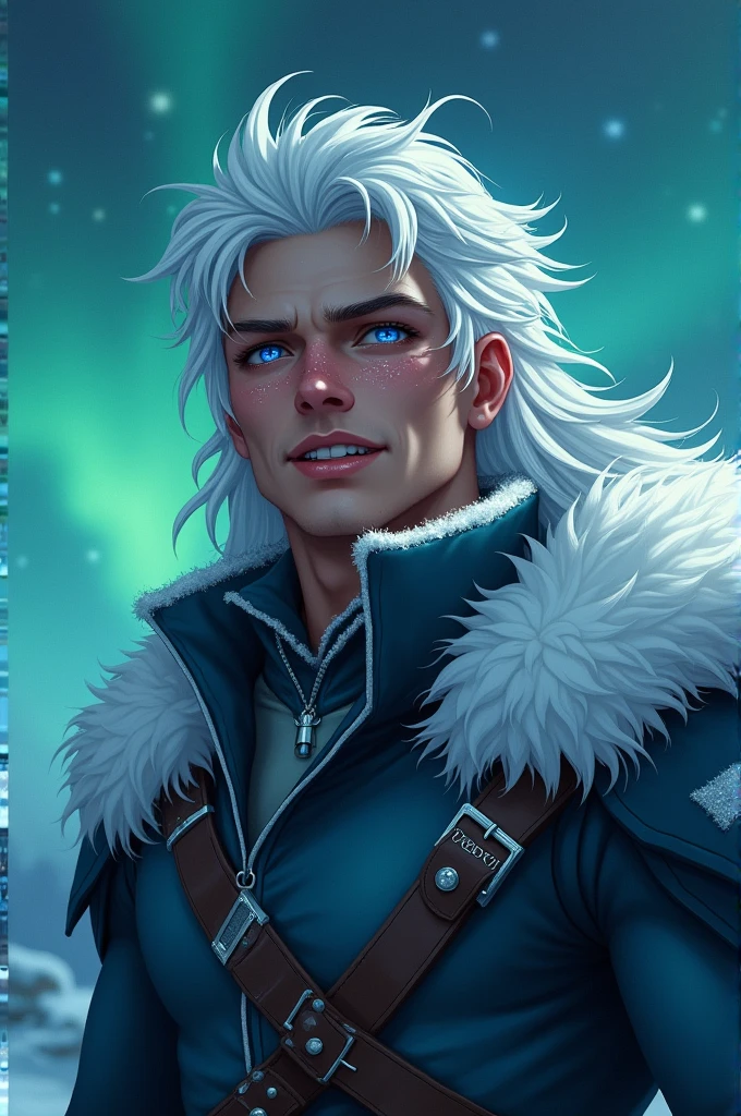 a tall and strong man, hair as white as snow, with tanned skin, rosto angelical, a beautiful smile, fleshy lips, dark blue eyes with bright dots that resemble the starry sky, with an outfit with blue parts. With the Northern Lights in the background