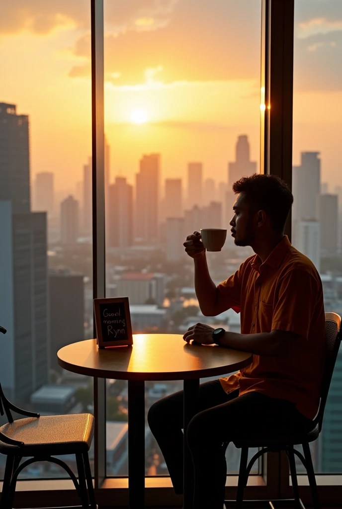 A photography of forklift driver was holding a coffee and sitting at the cafe. The background is beautiful sunrise view at the top floor building at the Kuala Lumpur city centre. The mini board saying "GOOD MORNING RYNN"
